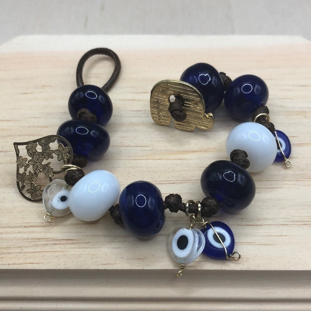 Artisan boho handcrafted chunky art glass bead charm bracelet heart + evil eye.